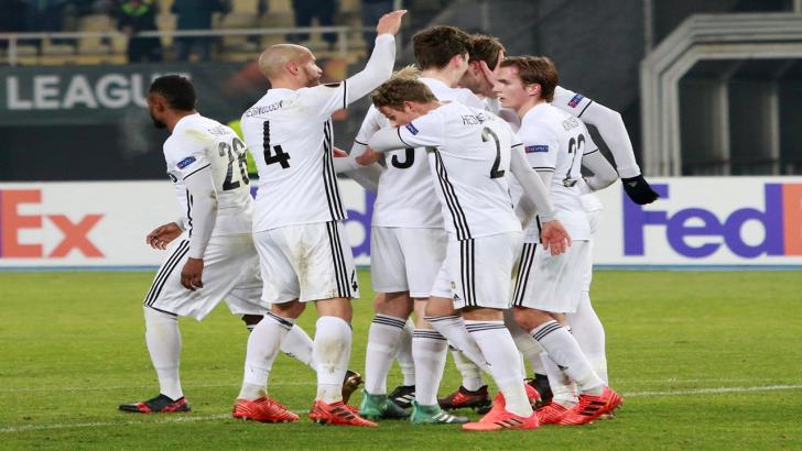 Rosenborg players celebrate a goal